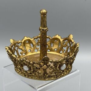 Vtg Crown Shaped Ring Jewelry Holder Trinket Dish Gold Tone Bead Accents Vanity
